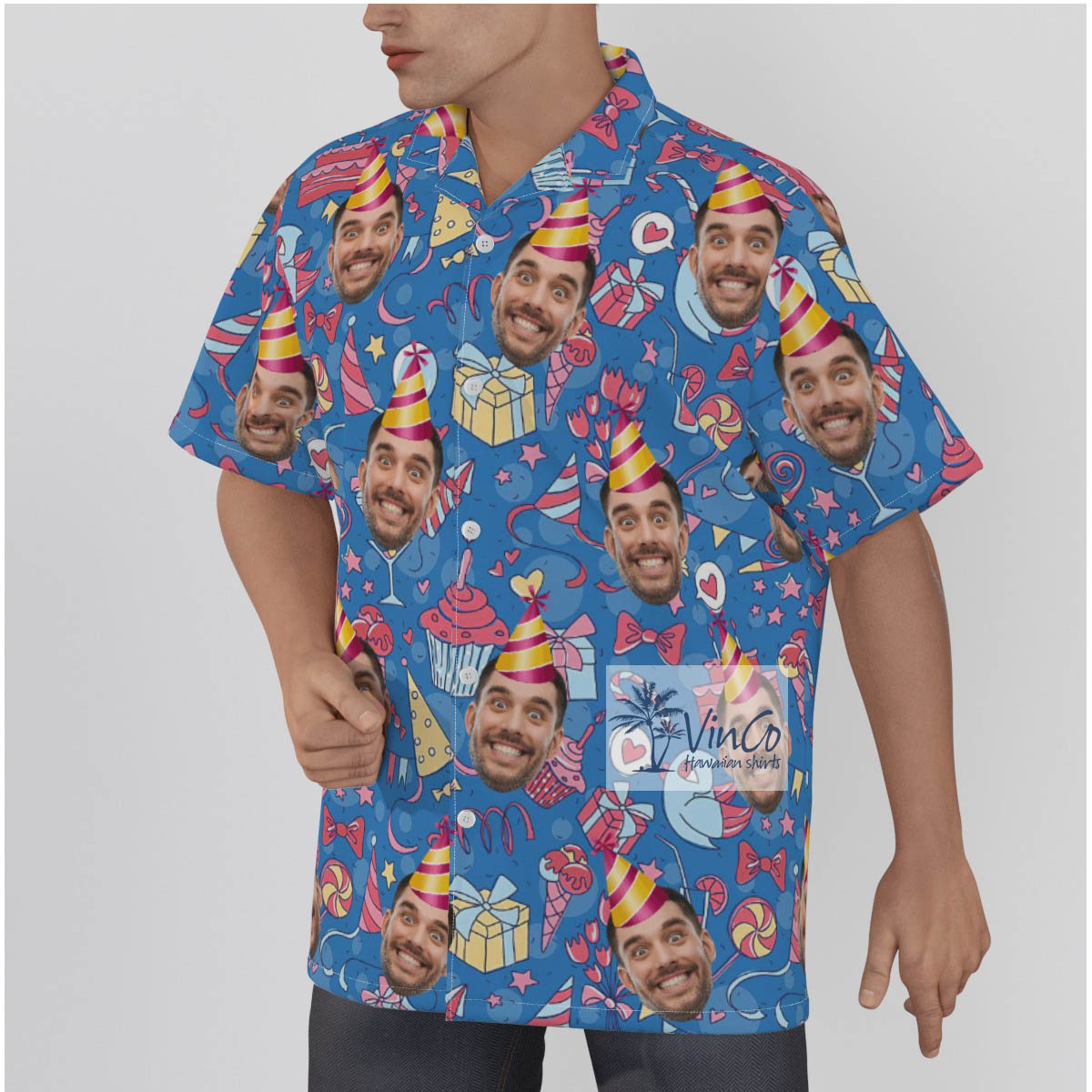 Personalize Photo Face Happy Birthday Blue Hawaiian Shirt For Men