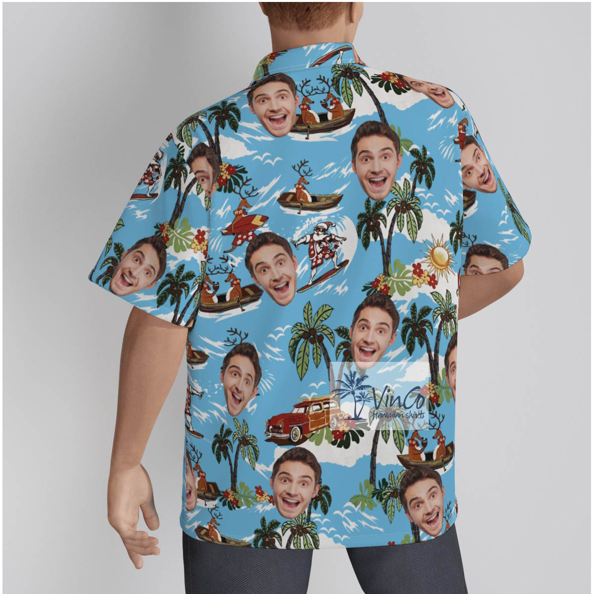 Christmas Reindeer Surfing Tropical Hawaiian Shirt With Custom Face