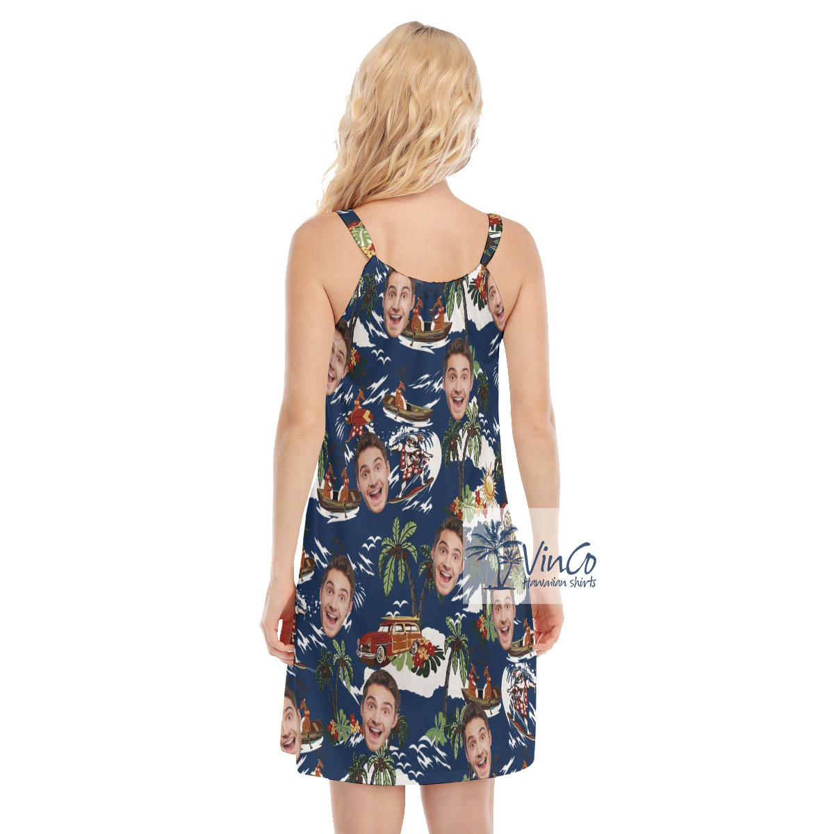 Custom Face Christmas Reindeer Tropical Navy Hawaiian Dresses For Women