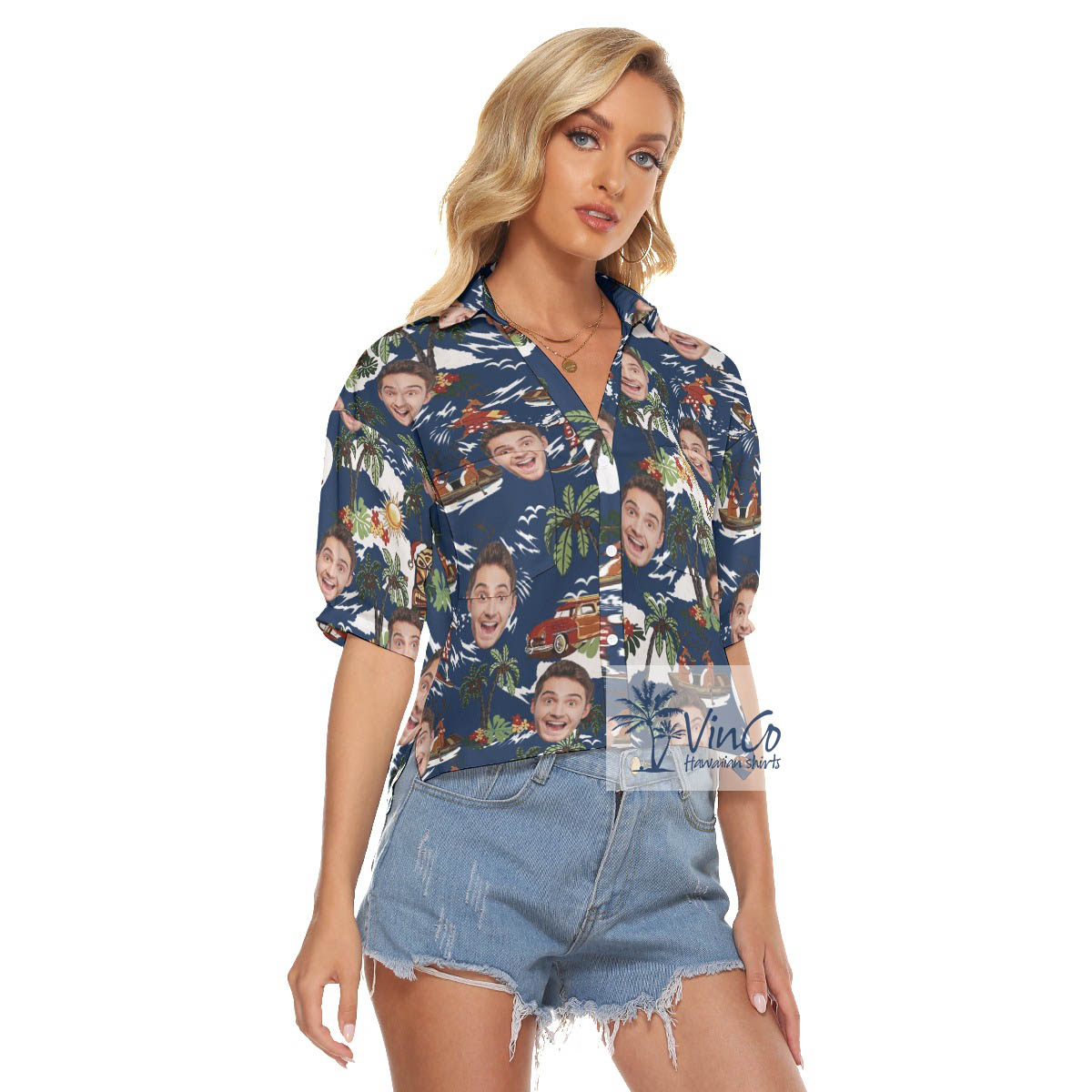 Custom Face Tropical Reindeer Christmas Aloha Cropped Shirt