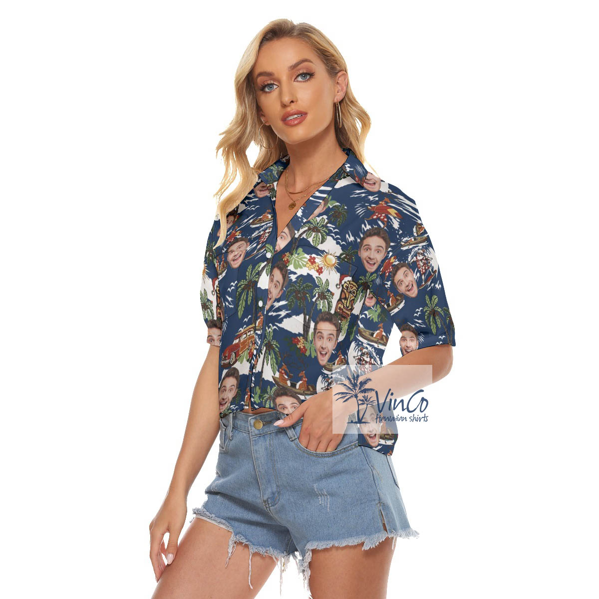 Custom Face Tropical Reindeer Christmas Aloha Cropped Shirt