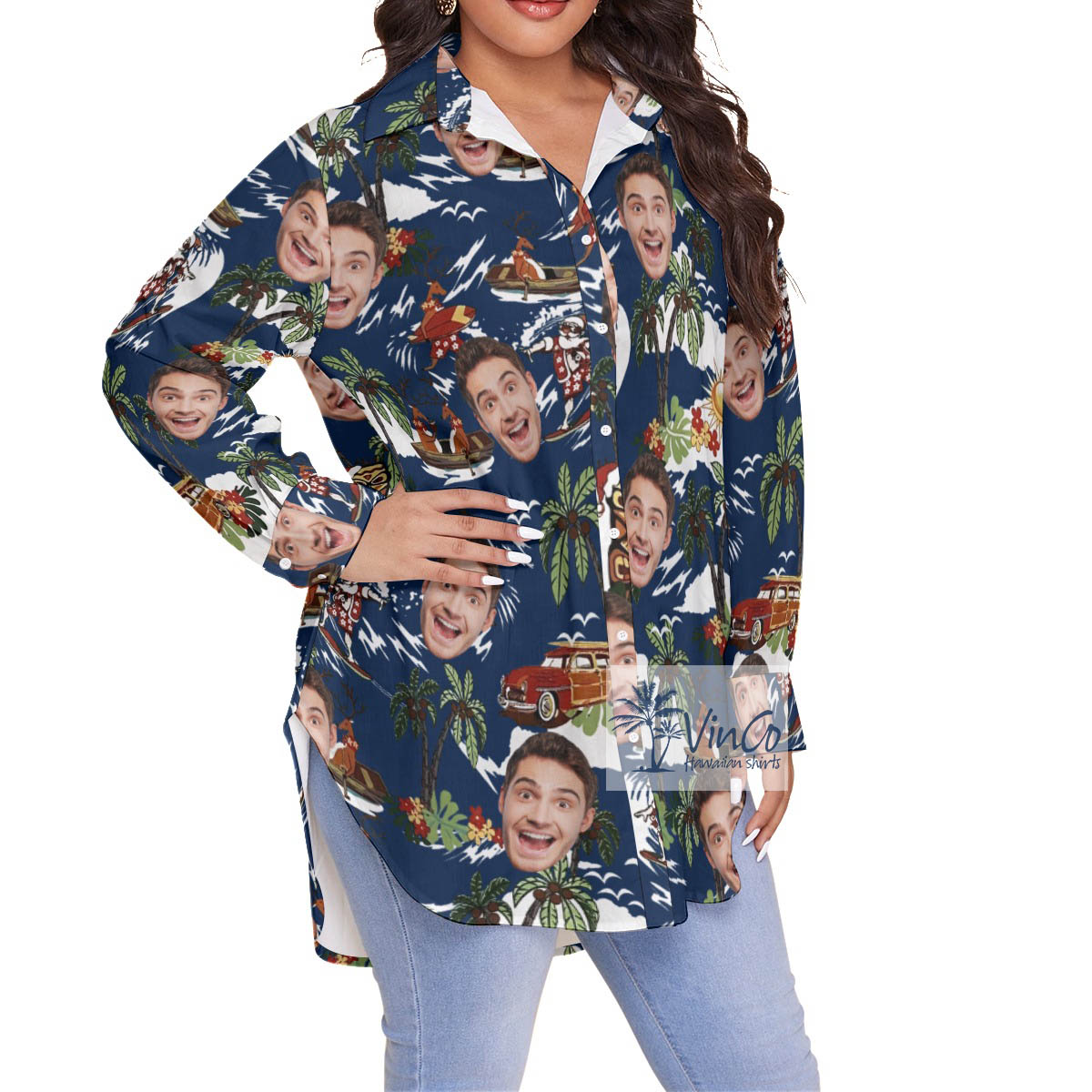 Christmas Reindeer Tropical Plus Size Aloha Shirt With Custom Face