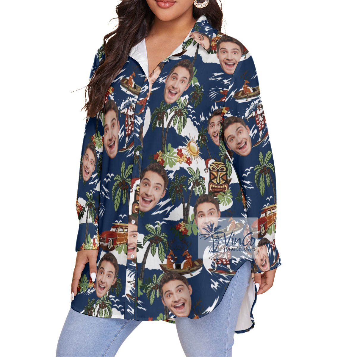 Christmas Reindeer Tropical Plus Size Aloha Shirt With Custom Face