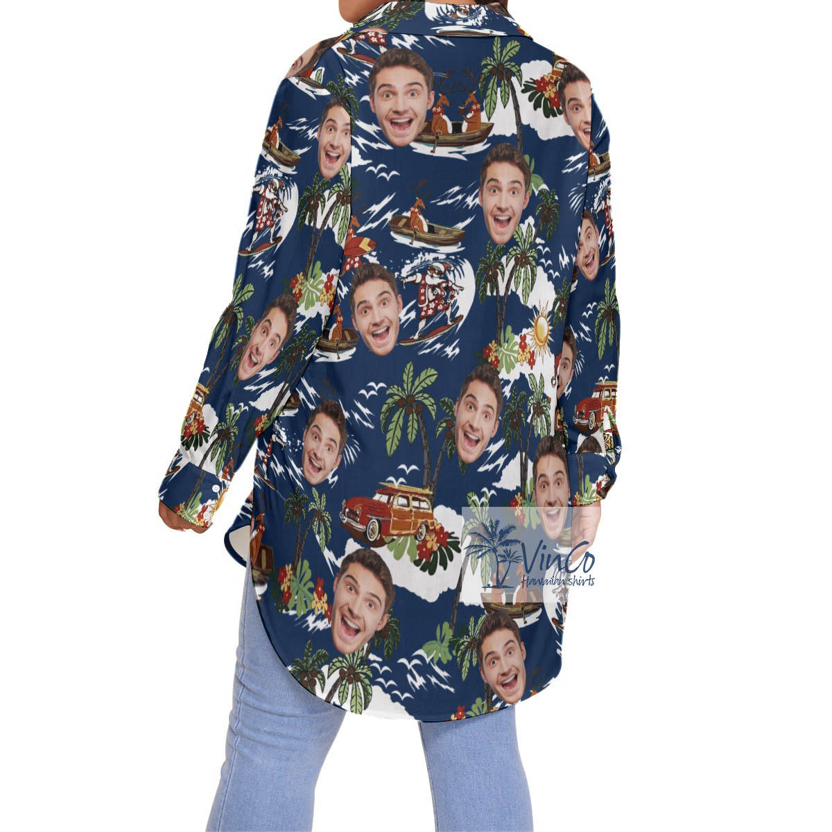 Christmas Reindeer Tropical Plus Size Aloha Shirt With Custom Face