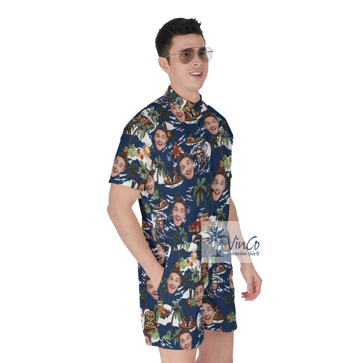 Christmas Reindeer Surfing Tropical Hawaiian Romper With Custom Face