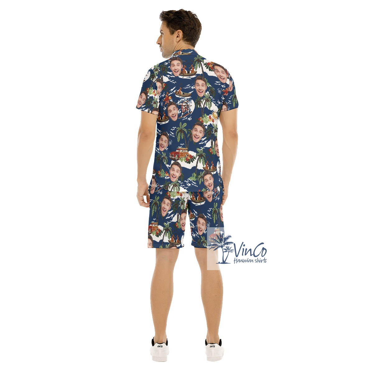 Funny Custom Face Christmas Reindeer Tropical Navy Hawaiian Shirt And Shorts For Men