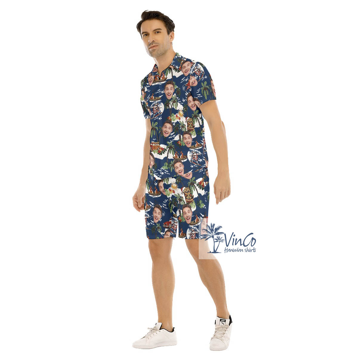Funny Custom Face Christmas Reindeer Tropical Navy Hawaiian Shirt And Shorts For Men