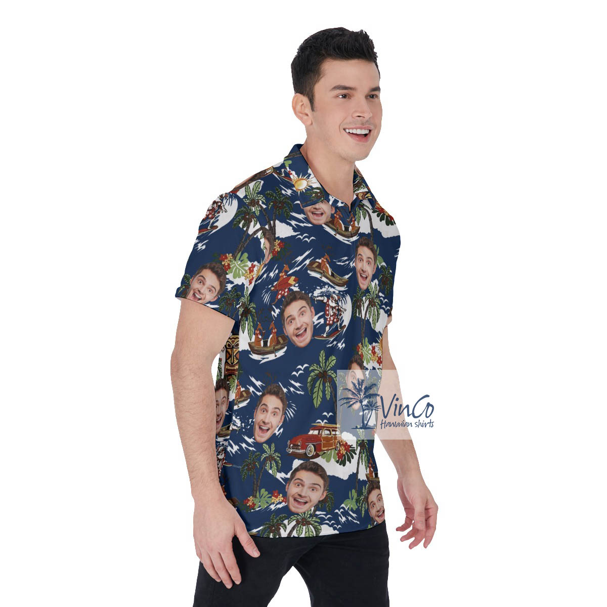 Funny Reindeer Tropical Custom Face Hawaiian Polo Shirt