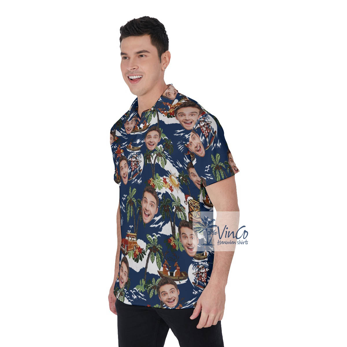 Funny Reindeer Tropical Custom Face Hawaiian Polo Shirt