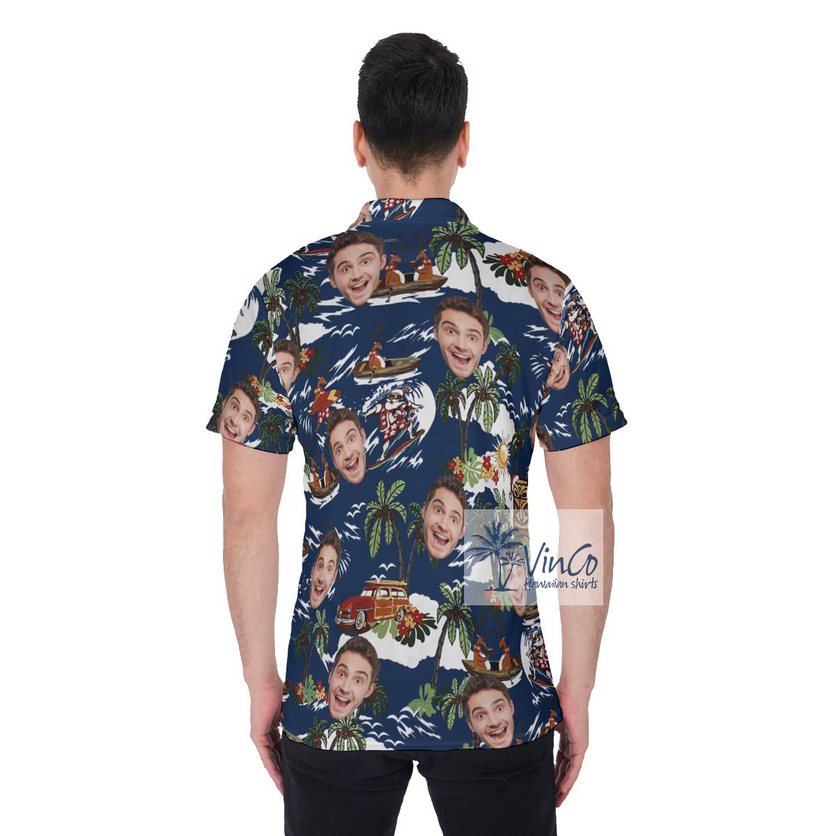 Funny Reindeer Tropical Custom Face Hawaiian Polo Shirt