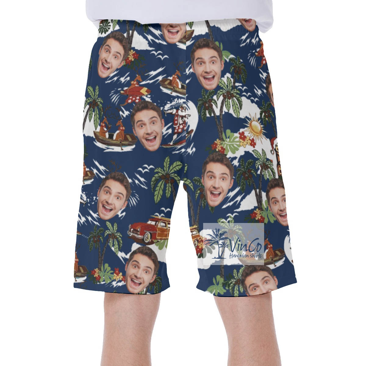 Christmas Reindeer Tropical Hawaiian Swim Trunks With Custom Face