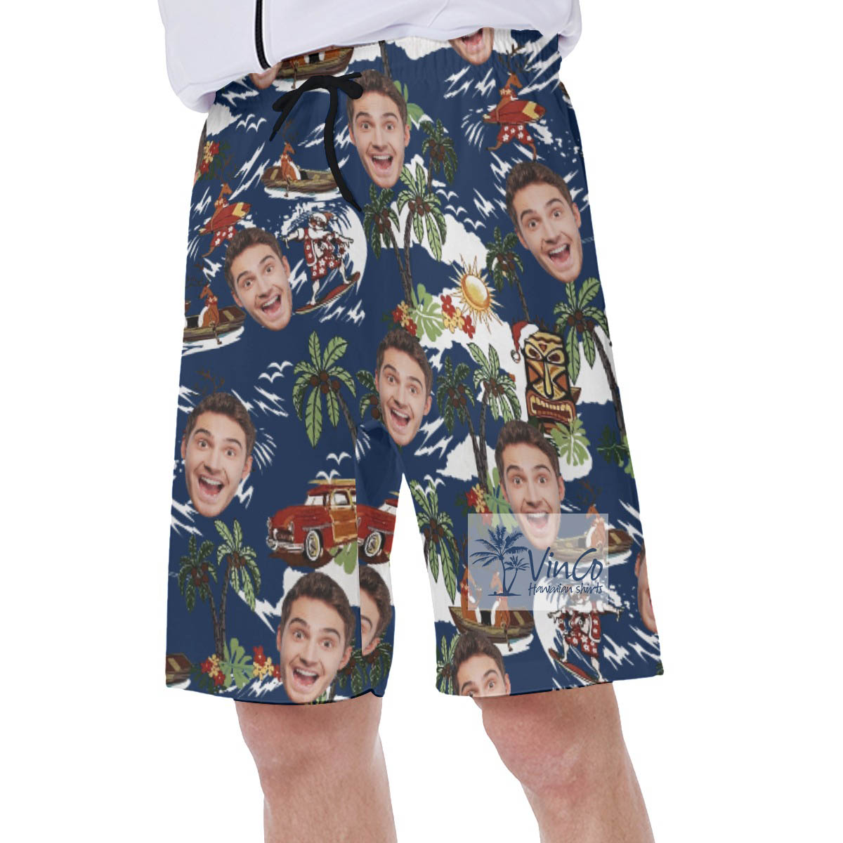 Christmas Reindeer Tropical Hawaiian Swim Trunks With Custom Face