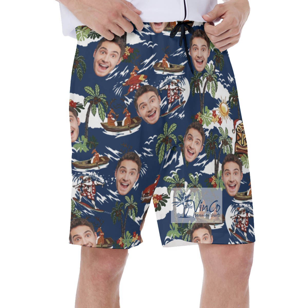 Christmas Reindeer Tropical Hawaiian Swim Trunks With Custom Face