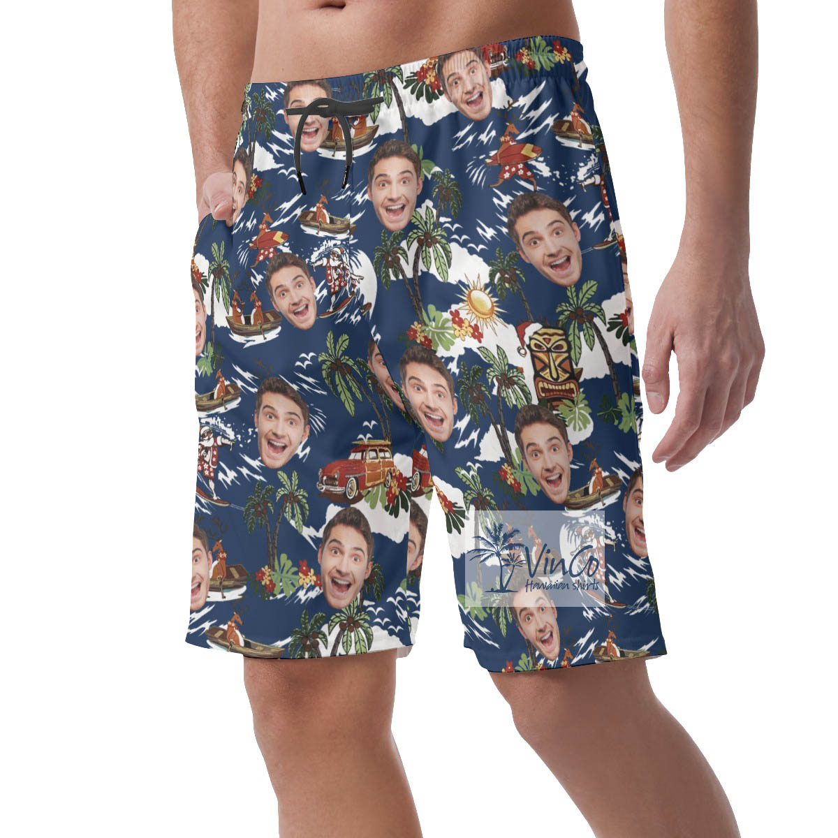Funny Christmas Reindeer Custom Face Tropical Hawaiian Beach Shorts For Men