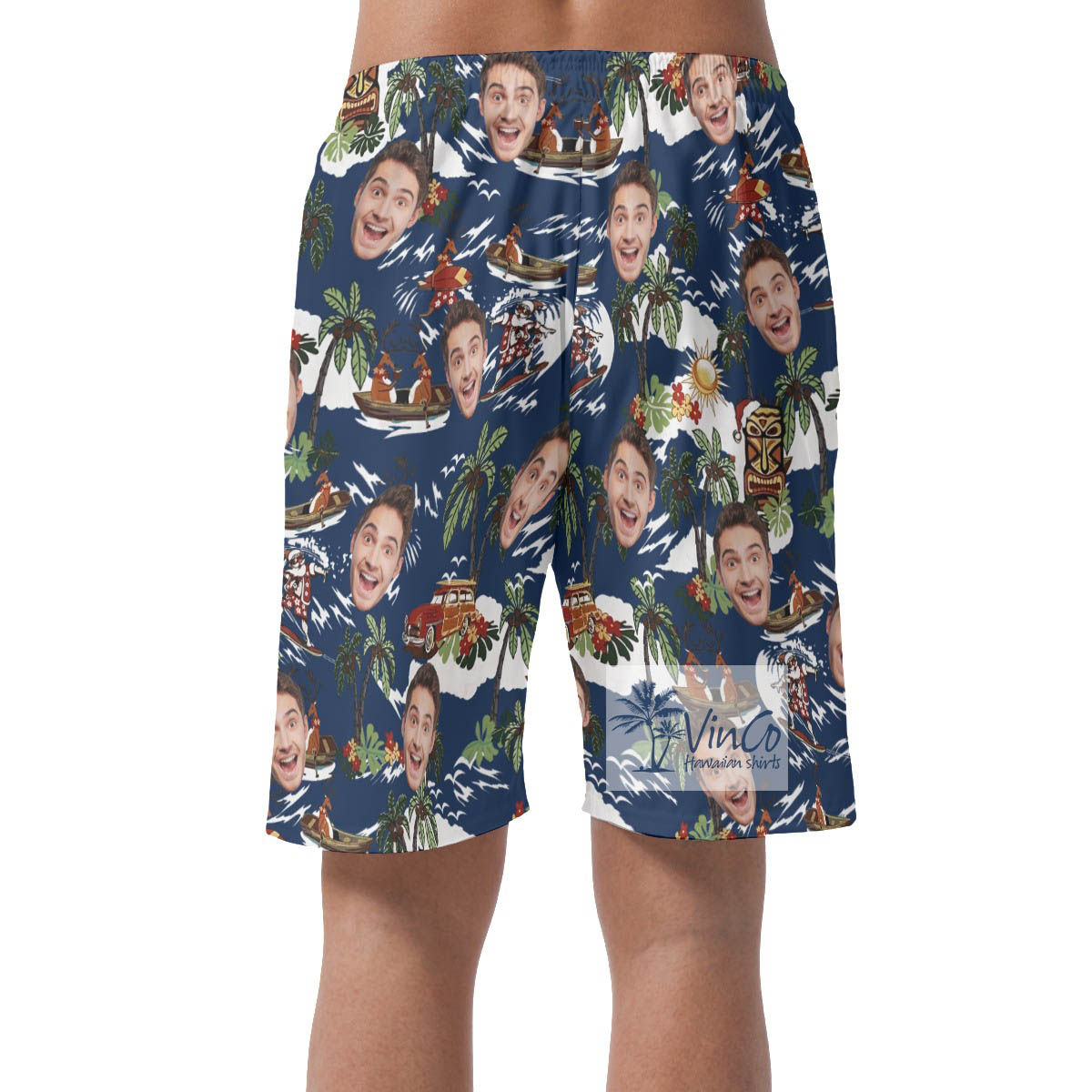 Funny Christmas Reindeer Custom Face Tropical Hawaiian Beach Shorts For Men
