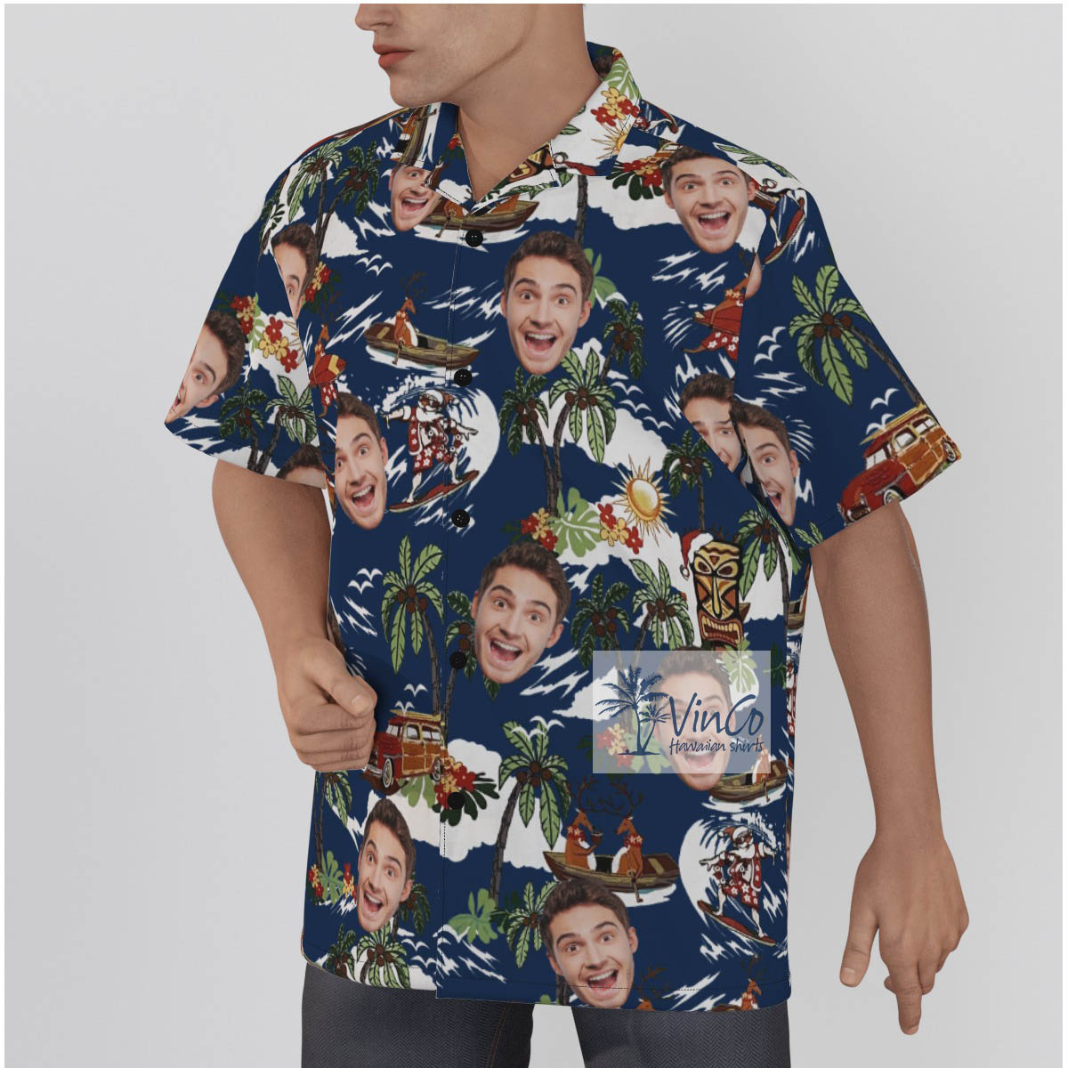 Tropical Reindeer Surfing Custom Face Hawaiian Shirt