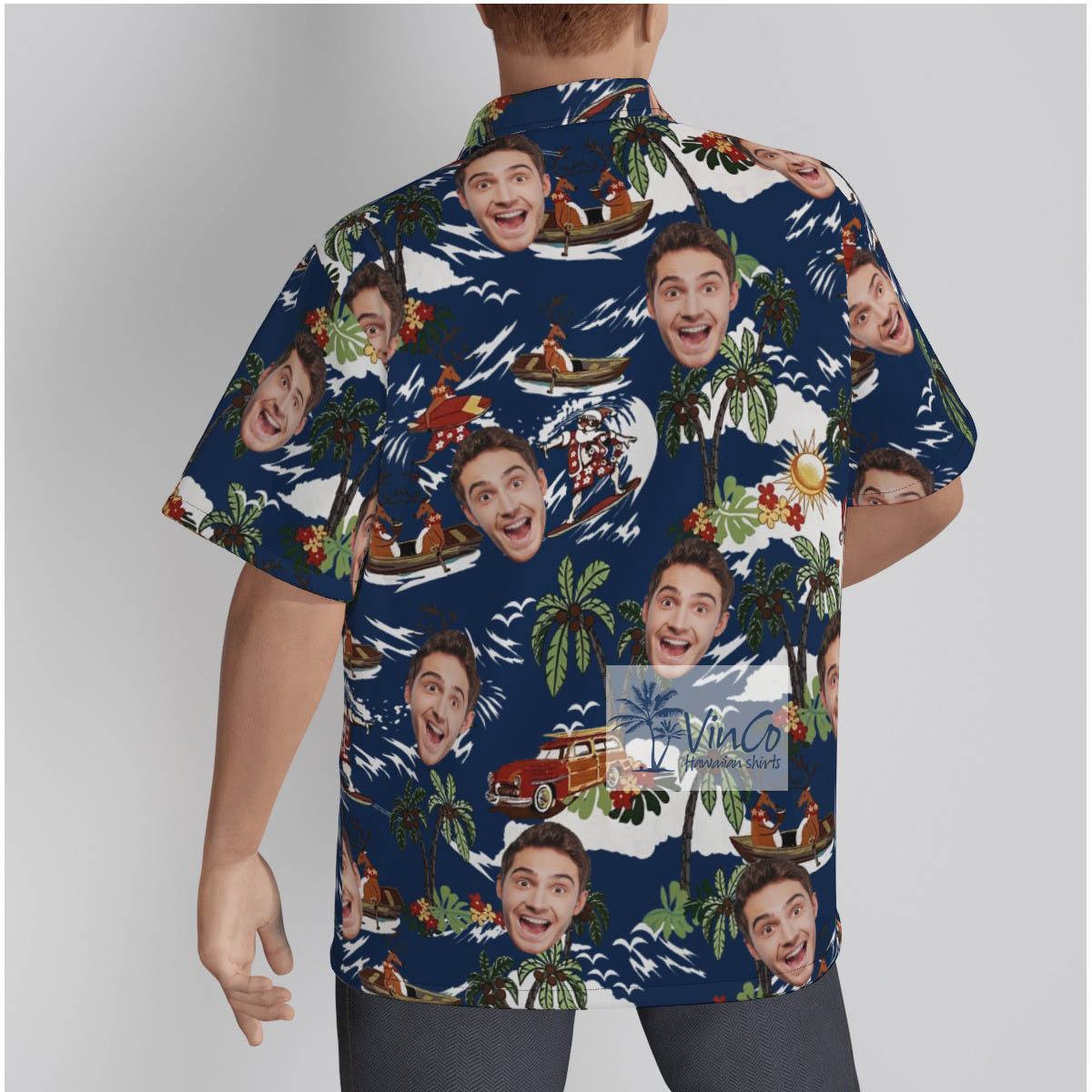 Tropical Reindeer Surfing Custom Face Hawaiian Shirt