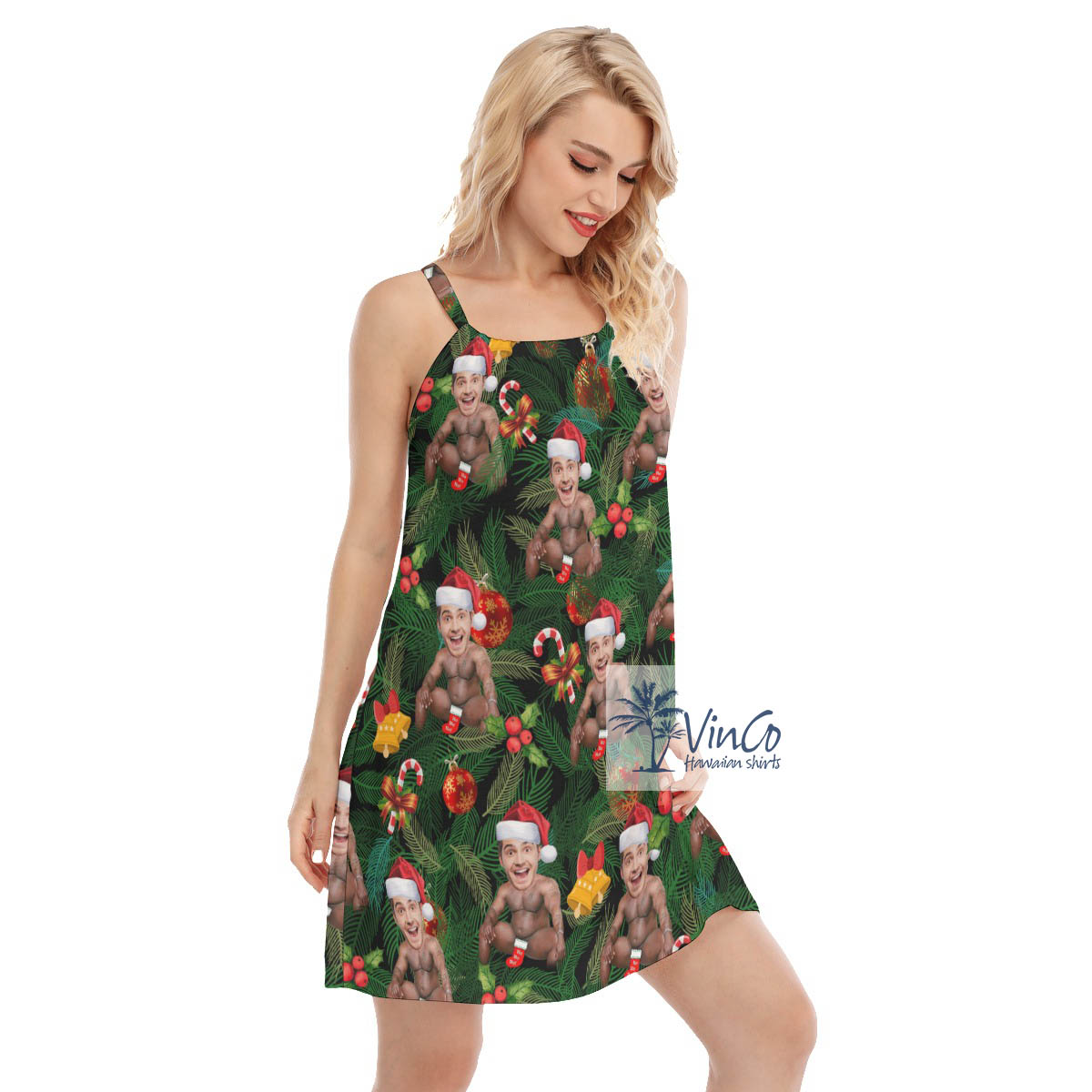 Funny Custom Face Christmas Barry Wood Hawaiian Dresses For Women