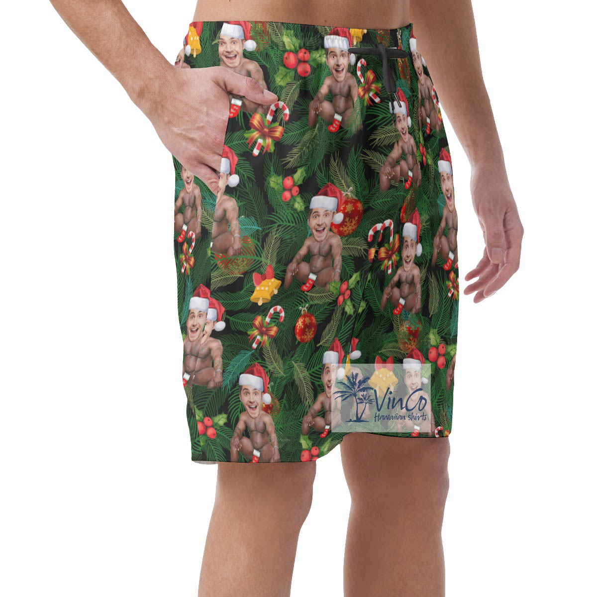 Custom Face Barry Wood Christmas Hawaiian Beach Shorts For Men