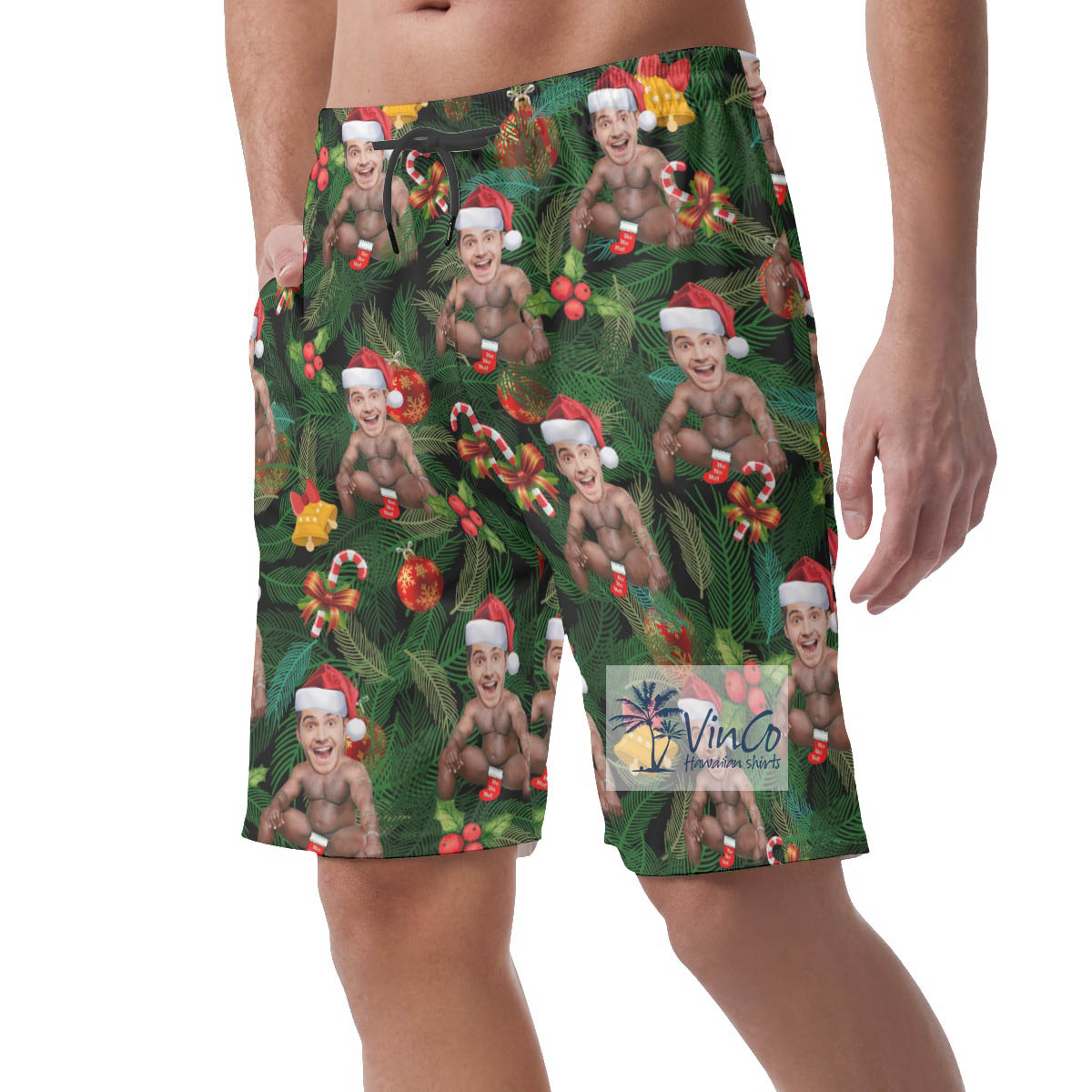 Custom Face Barry Wood Christmas Hawaiian Beach Shorts For Men