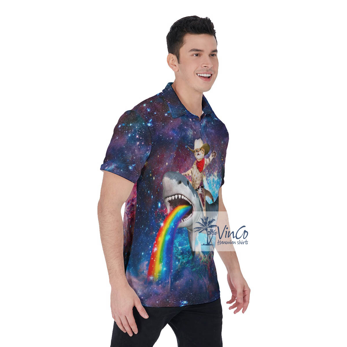 Funny Cowboy Cat Riding Shark Hawaiian Polo Shirt