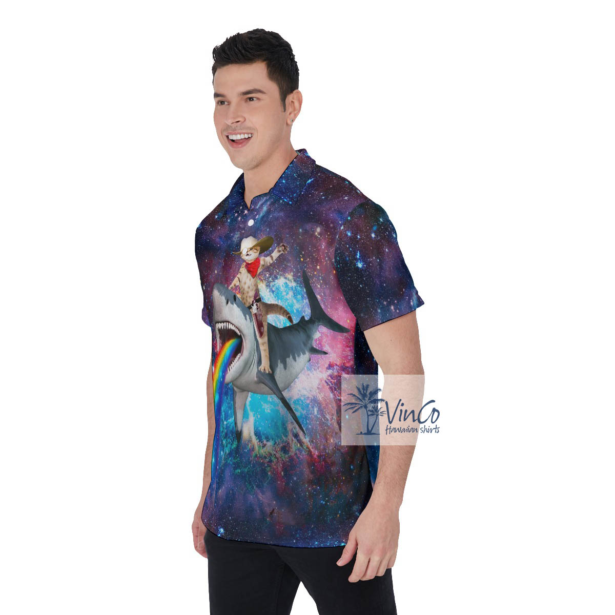 Funny Cowboy Cat Riding Shark Hawaiian Polo Shirt