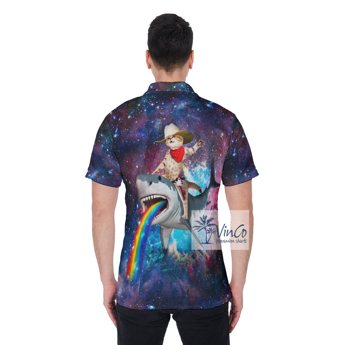Funny Cowboy Cat Riding Shark Hawaiian Polo Shirt