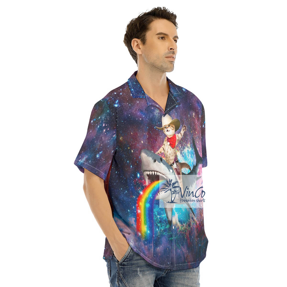Cowboy Cat Riding Shark Funny Hawaiian Shirt