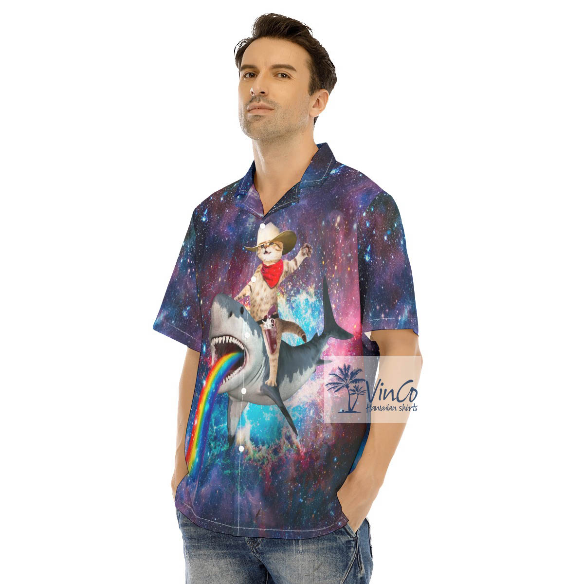 Cowboy Cat Riding Shark Funny Hawaiian Shirt