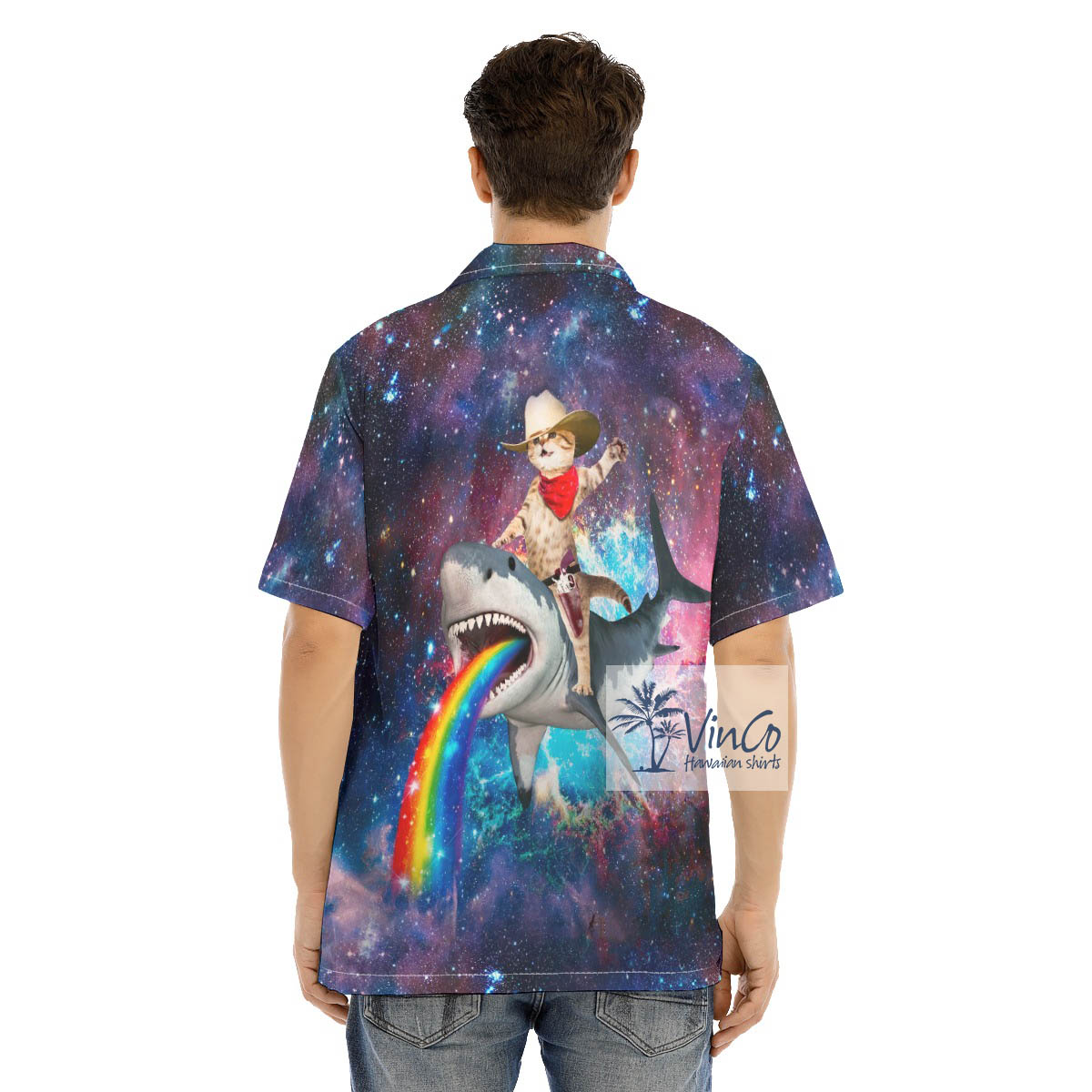 Cowboy Cat Riding Shark Funny Hawaiian Shirt