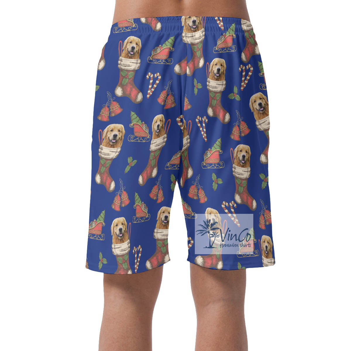 Funny Custom Dog Face On Socks Christmas Hawaiian Beach Shorts For Men