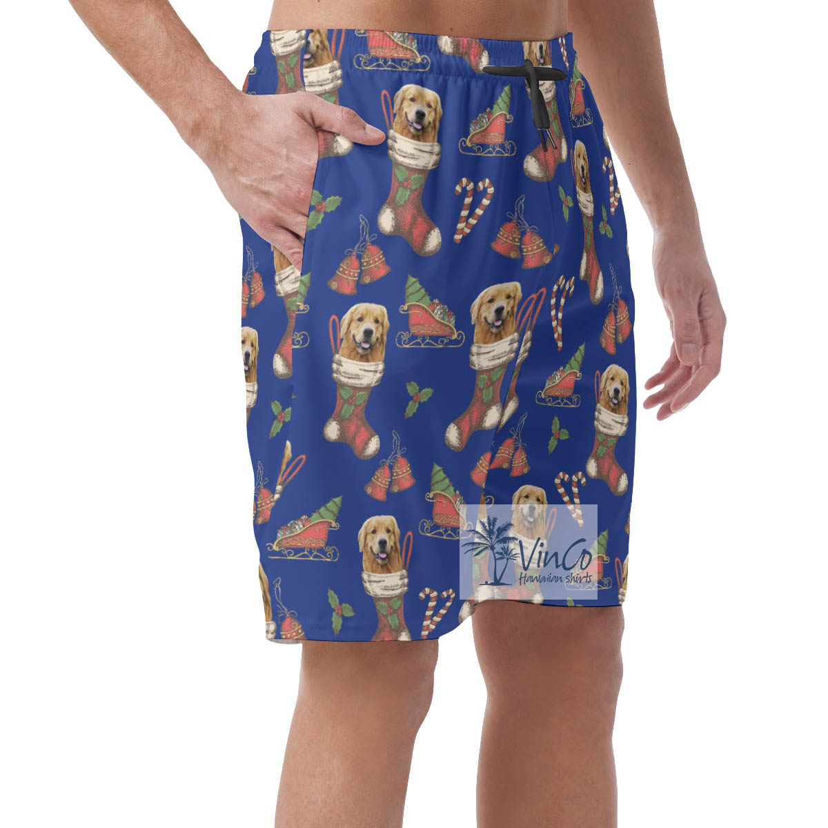 Funny Custom Dog Face On Socks Christmas Hawaiian Beach Shorts For Men