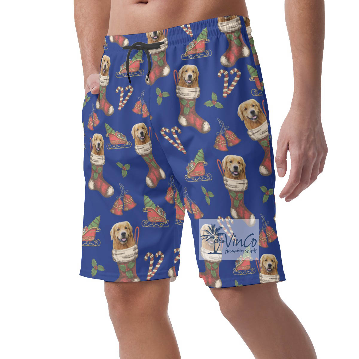 Funny Custom Dog Face On Socks Christmas Hawaiian Beach Shorts For Men