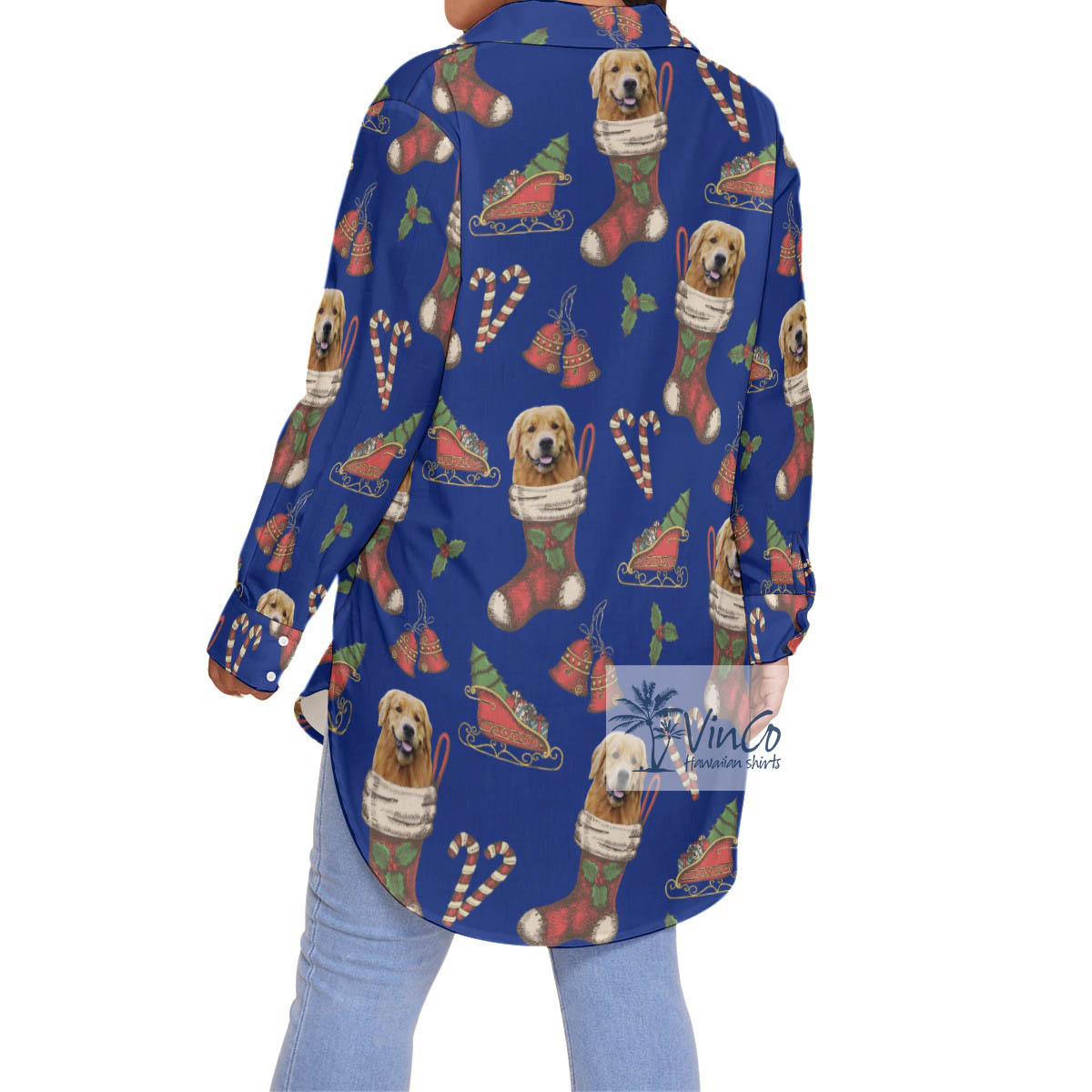 Christmas Custom Dog Face On Socks Plus Size Hawaiian Shirt For Women
