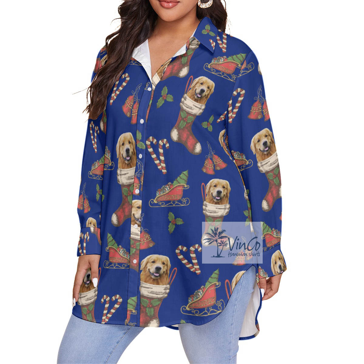 Christmas Custom Dog Face On Socks Plus Size Hawaiian Shirt For Women