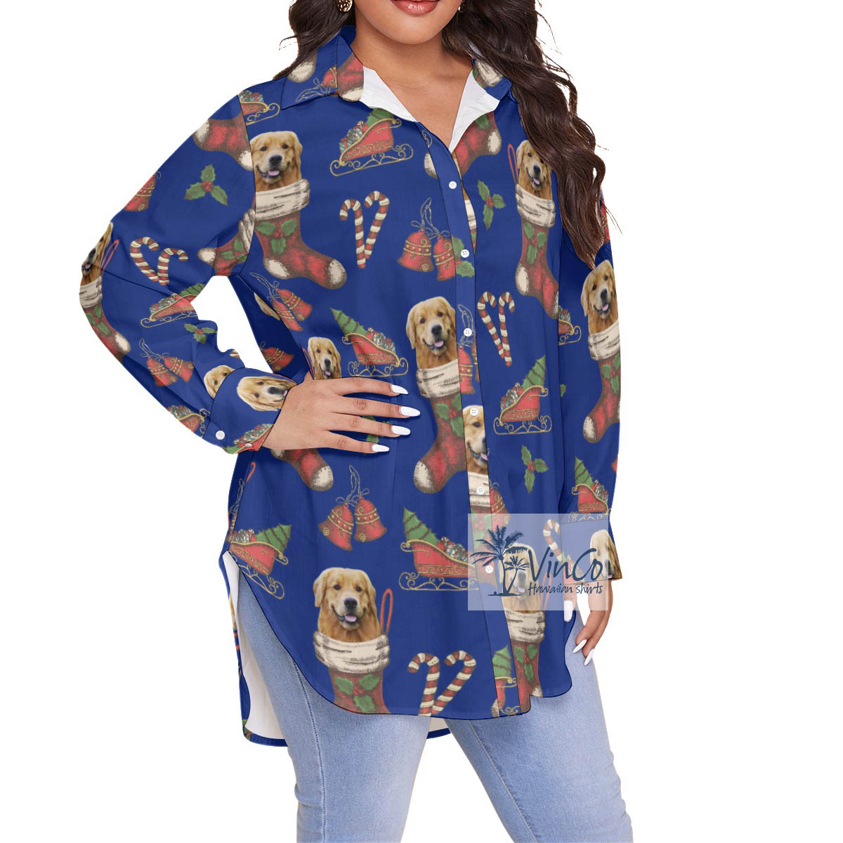 Christmas Custom Dog Face On Socks Plus Size Hawaiian Shirt For Women
