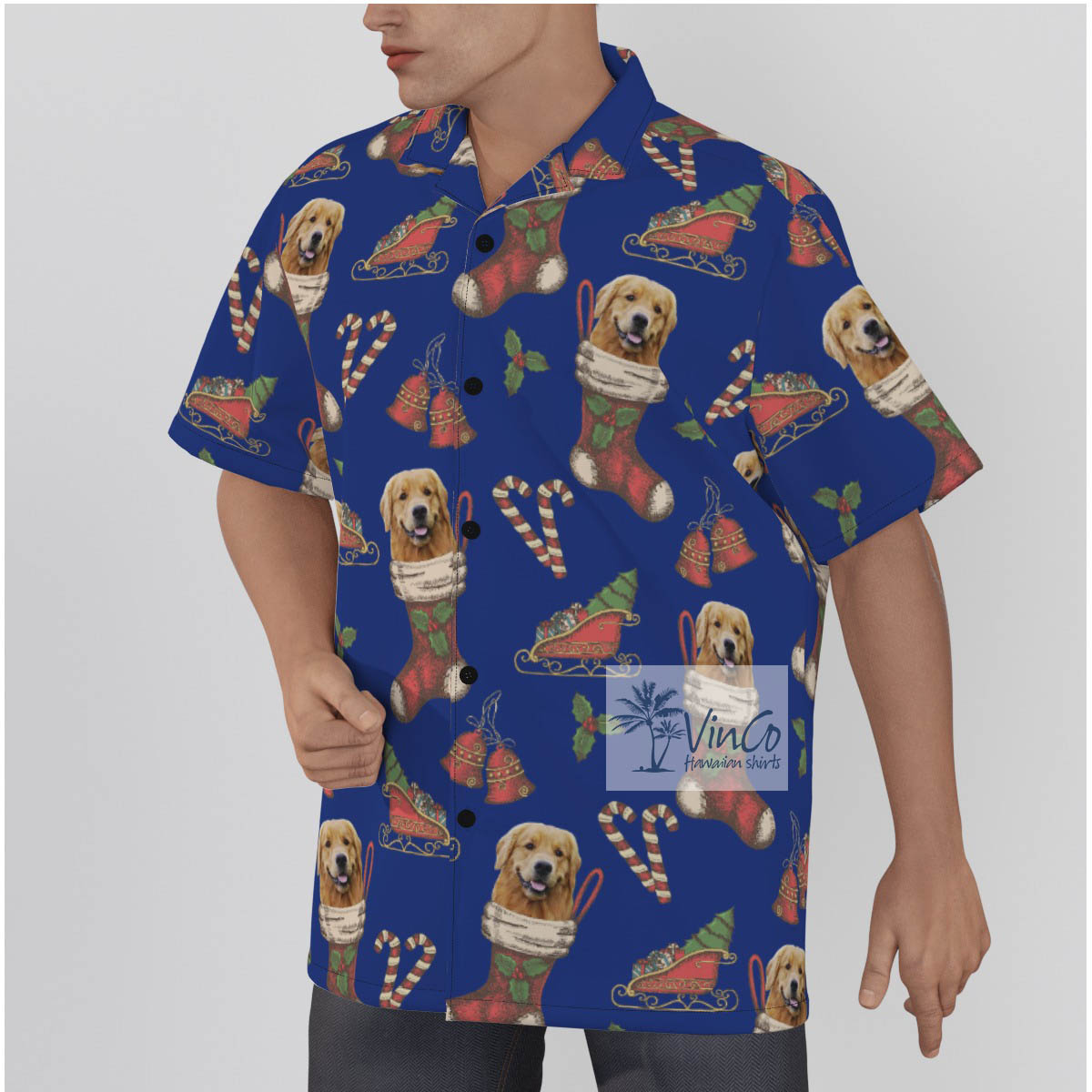 Custom Dog Face With Christmas Socks Hawaiian Shirt