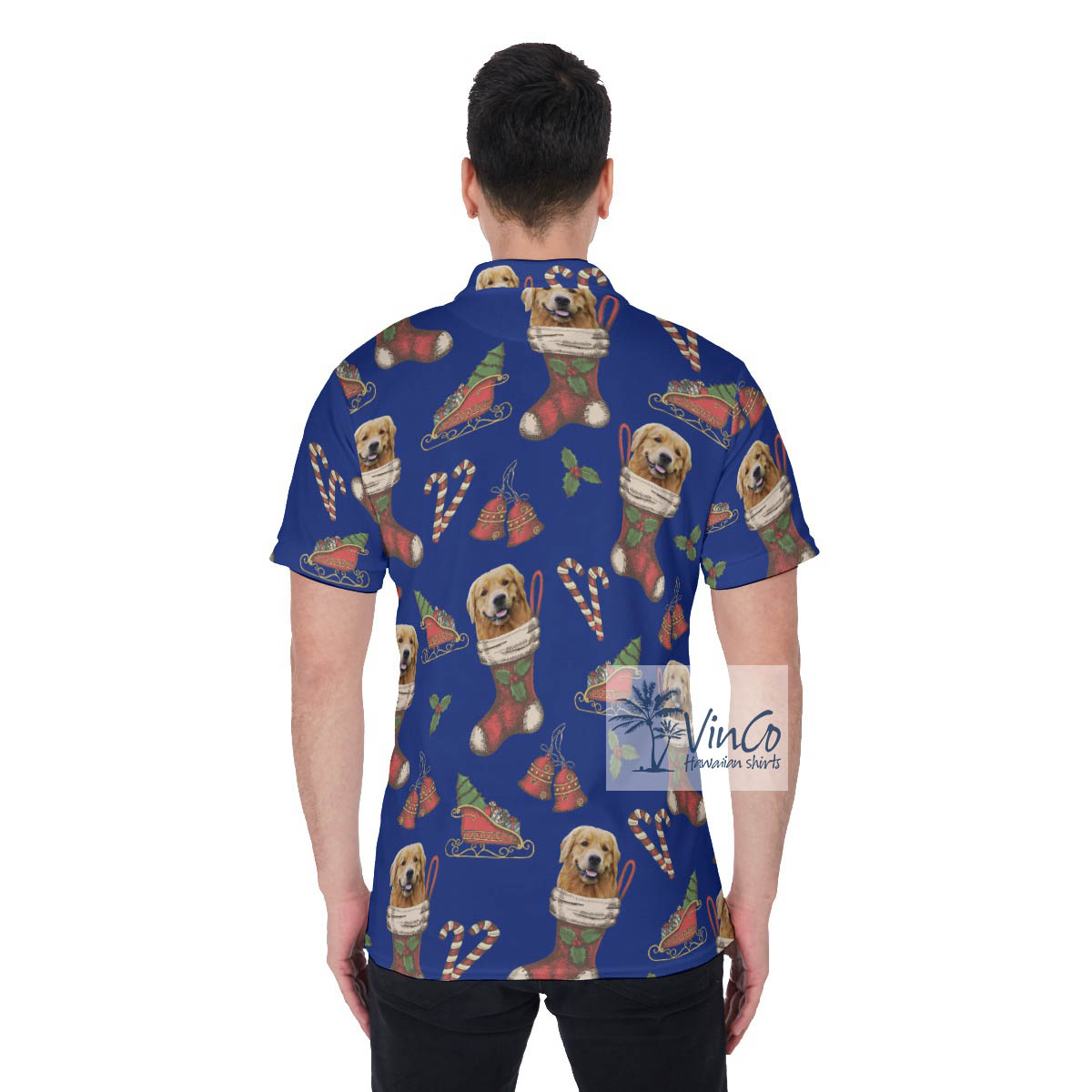 Funny Custom Dog Face With Christmas Socks Hawaiian Polo Shirt