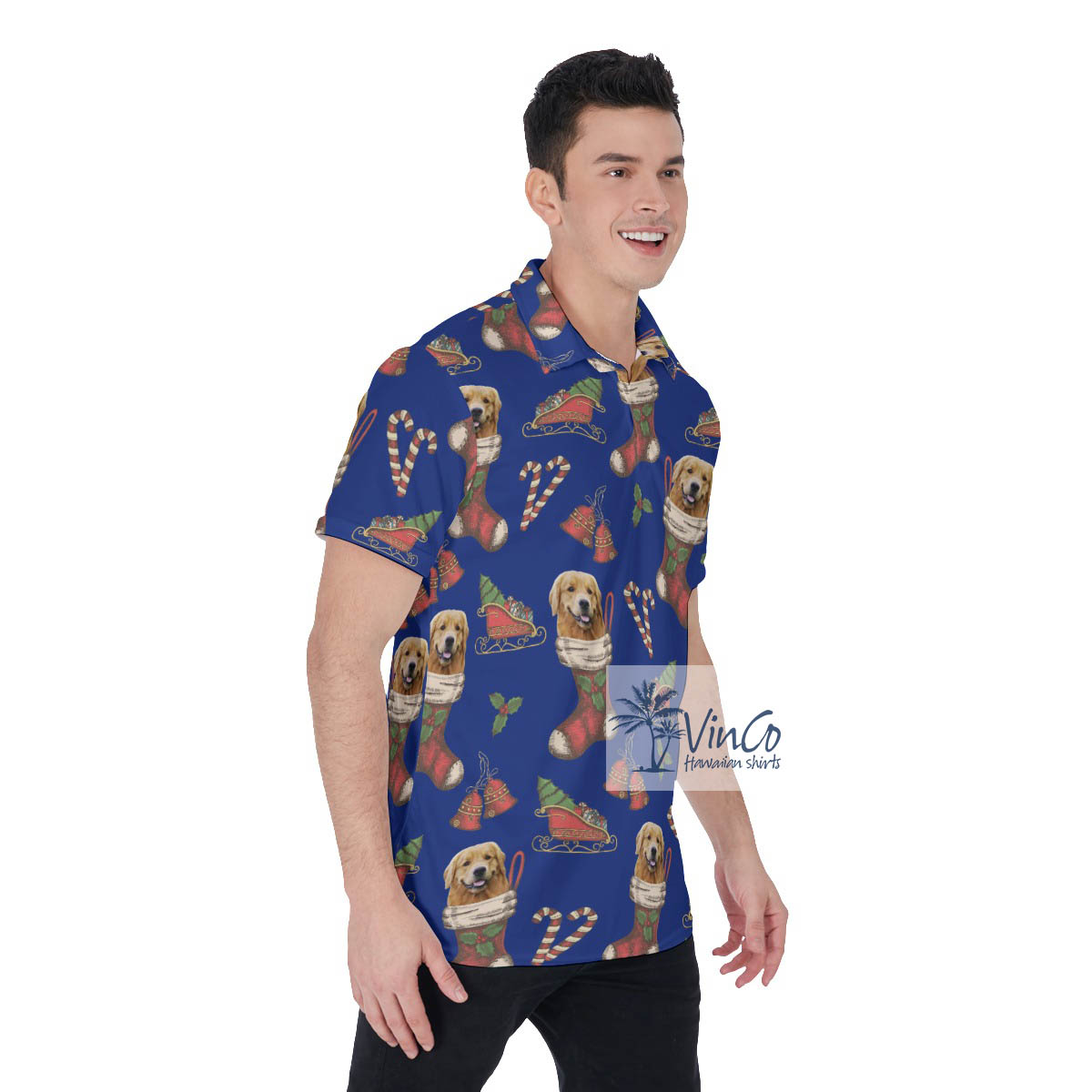 Funny Custom Dog Face With Christmas Socks Hawaiian Polo Shirt