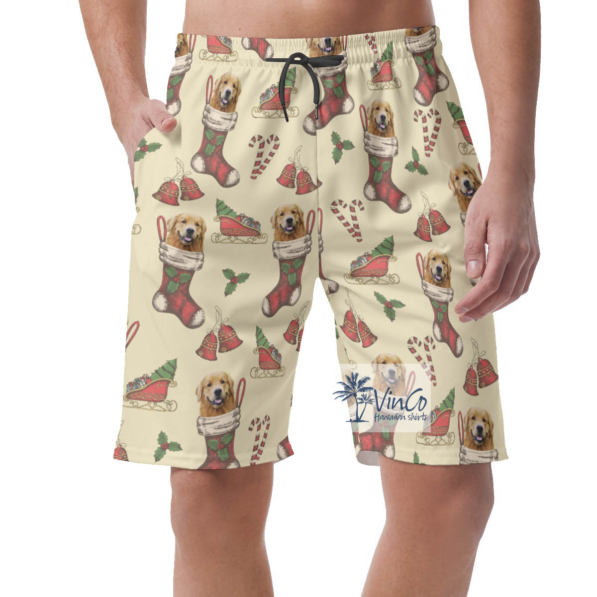 Funny Custom Dog Face With Christmas Socks Hawaiian Beach Shorts For Men - variant image 1