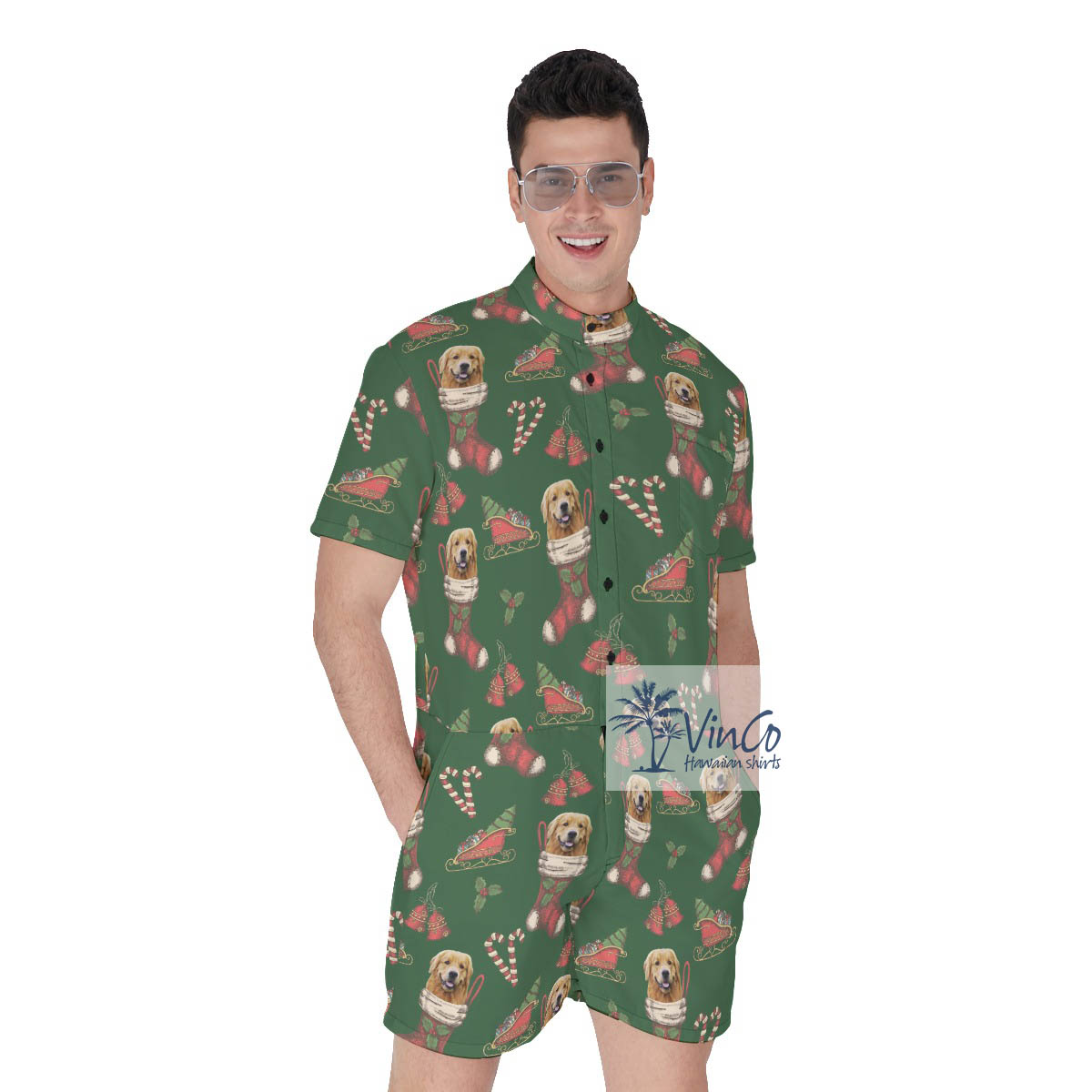 Custom Christmas Men's Hawaiian Romper With Dog Face - variant image 1