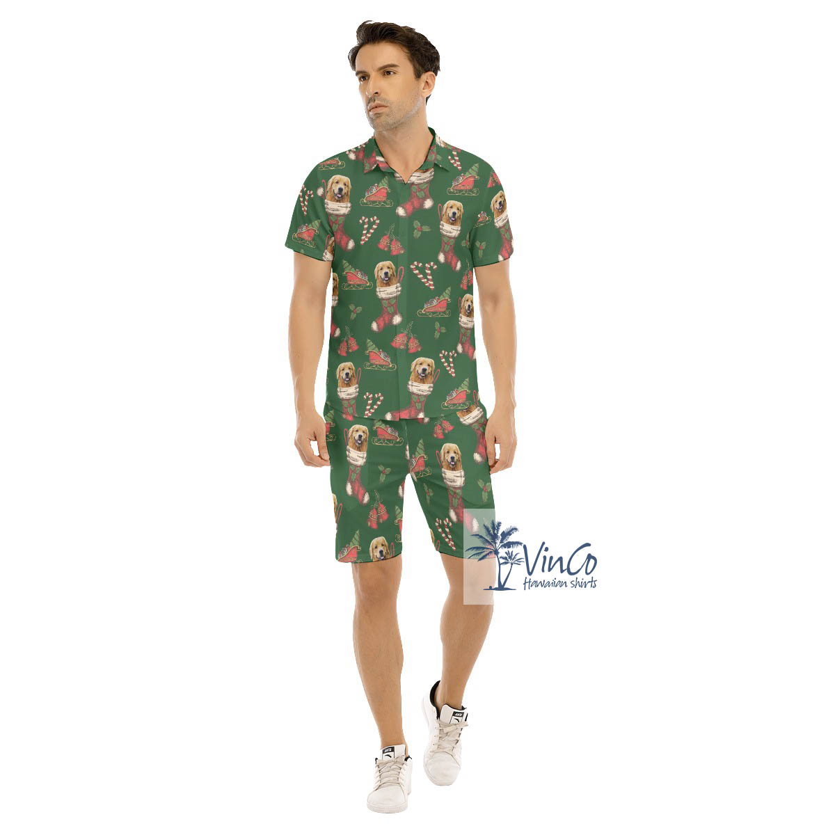 Funny Custom Dog Face With Christmas Sock Hawaiian Shirt And Matching Shorts For Men - variant image 1