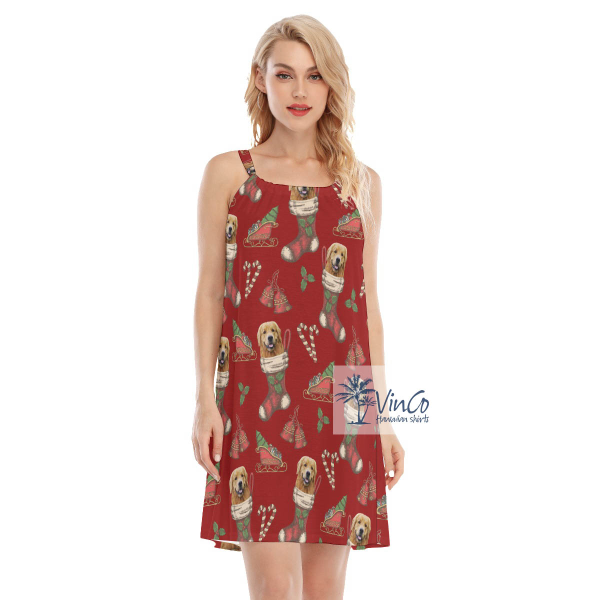 Funny Custom Dog Face With Christmas Socks Hawaiian Dresses For Women - variant image 1