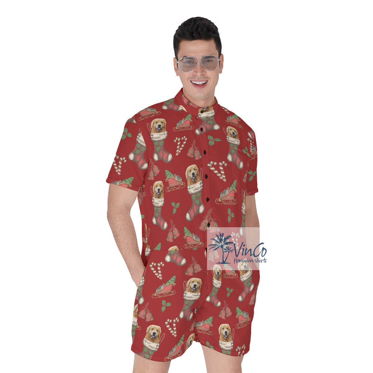 Funny Custom Dog Face With Christmas Socks Men's Hawaiian Romper - variant image 1