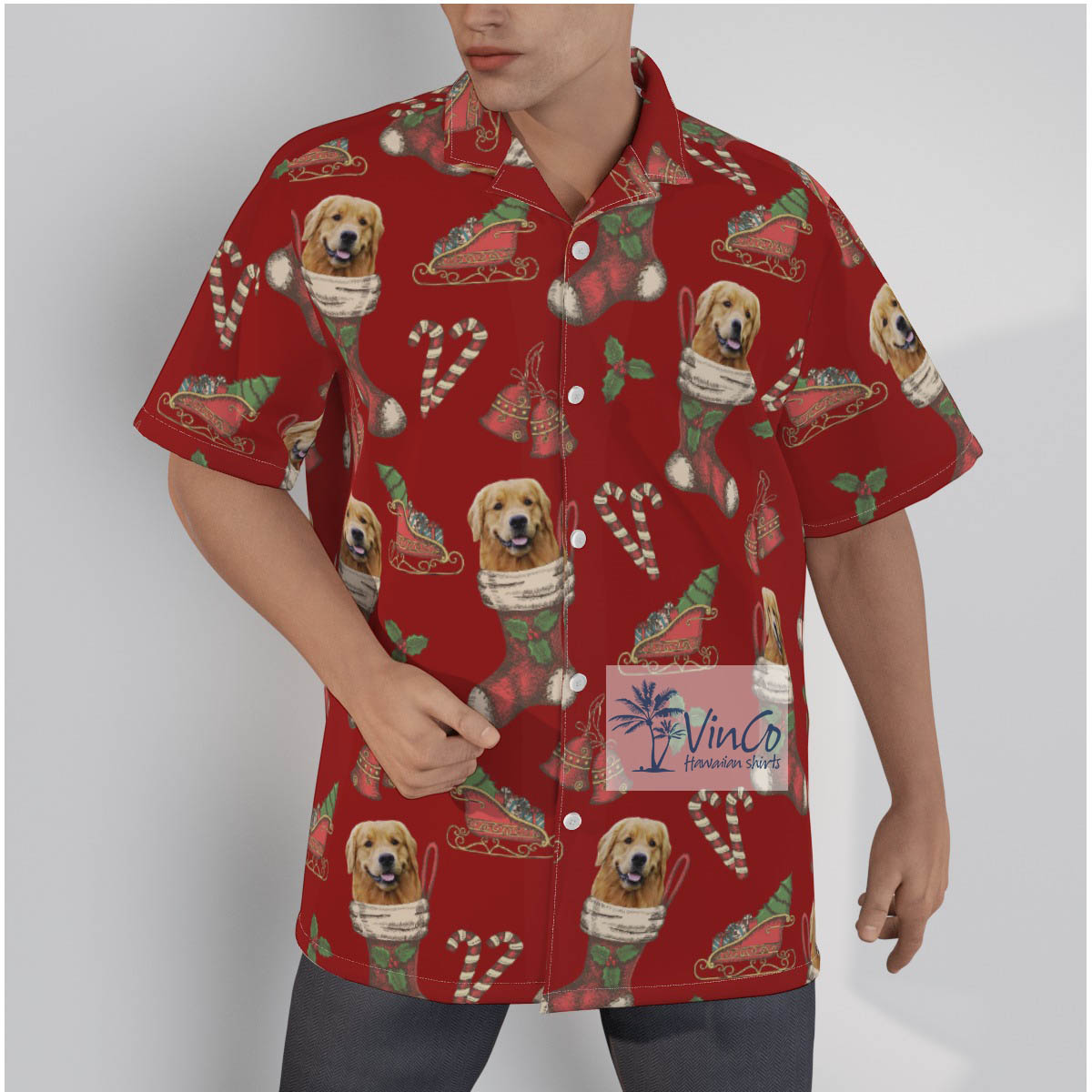 Funny Custom Dog Face With Christmas Socks Red Hawaiian Shirt - variant image 1