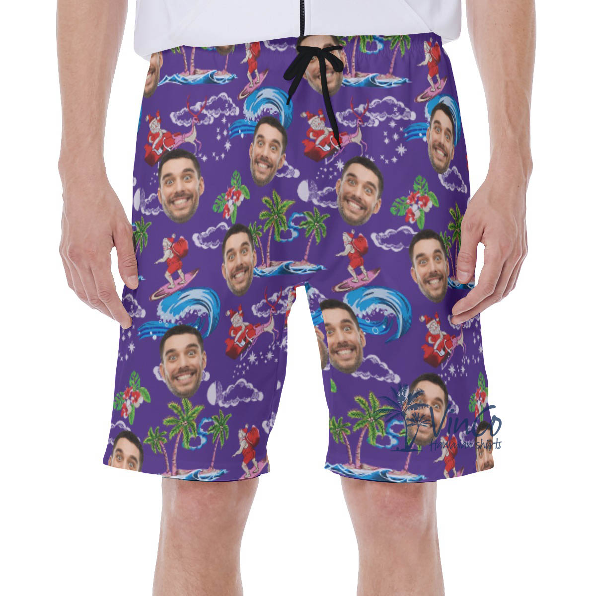 Funny Santa Surfing Christmas Hawaiian Swim Trunks With Custom Face - variant image 1