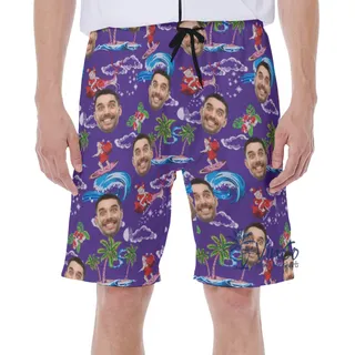 Funny Santa Surfing Christmas Hawaiian Swim Trunks With Custom Face