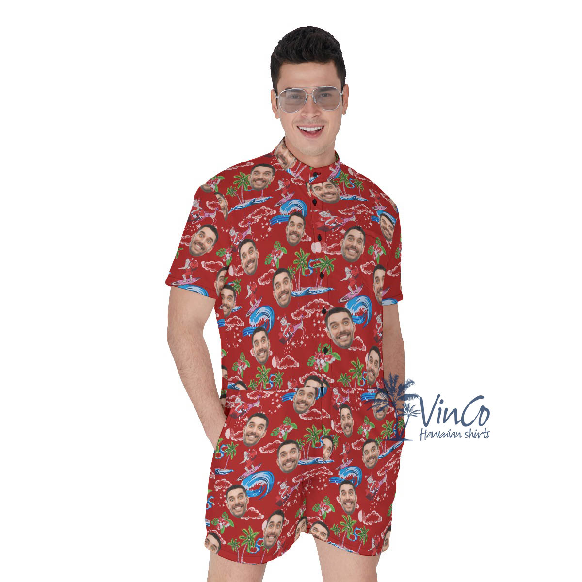 Christmas Santa Surfing Hawaiian Romper With Custom Face - variant image 1