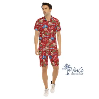 Funny Custom Face Christmas Santa Hawaiian Shirt And Matching Shorts For Men