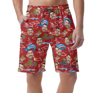 Christmas Santa Claus Surfing Custom Face Hawaiian Beach Shorts For Men